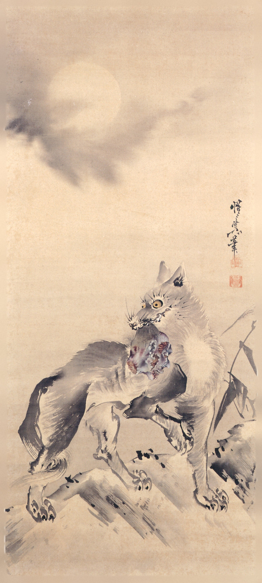 Kawanabe Kyosai — Wolf under the Moon | Japanese Ink Painting Art Print shown to scale on a wall above a sofa