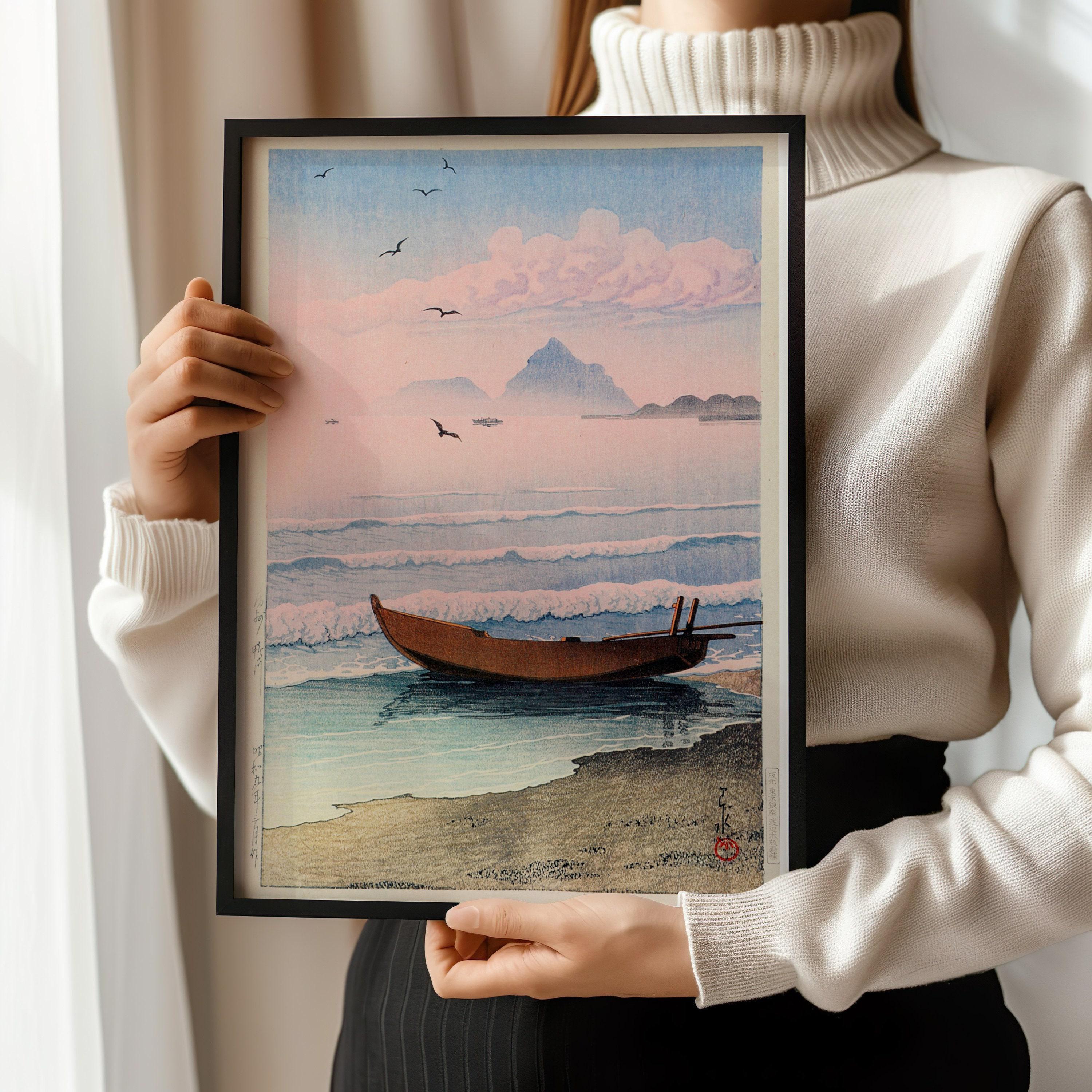 Kawase Hasui - Boat on the Shore at Boshu | Our Most Ethereally Beautiful Vintage Japanese Woodcut Art (available framed or unframed) - 9ArtPrints