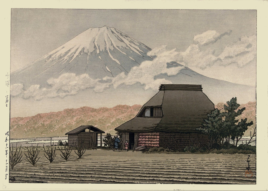 Kawase Hasui — Countryside at Narusawa: Japanese Woodblock Print (Shin Hanga) shown to scale on a wall above a sofa