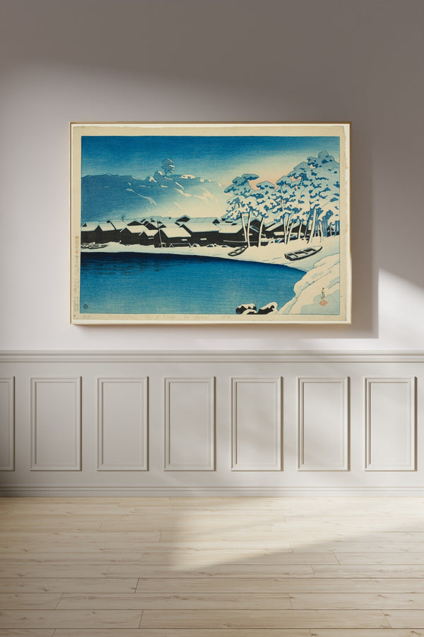 Kawase Hasui — Dawn Snow at the Port of Ogi | Japanese Woodblock Print (Shin Hanga)