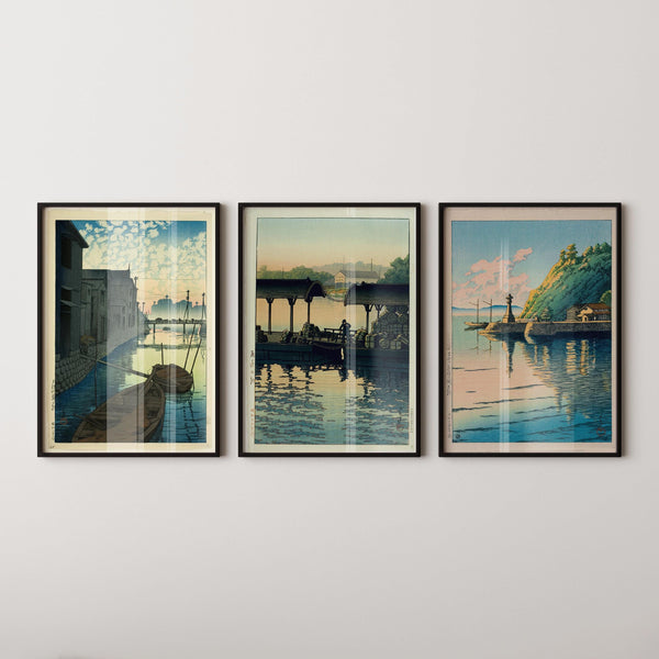 Kawase Hasui — Statement Trio | Dawn Theme | Japanese Woodblock Art Print (Shin Hanga)