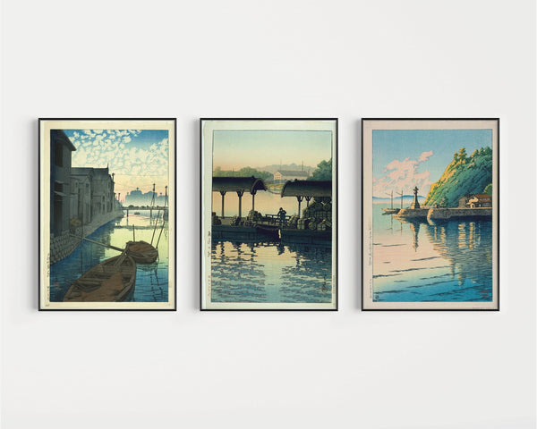 Kawase Hasui — Statement Trio | Dawn Theme | Japanese Woodblock Art Print (Shin Hanga)