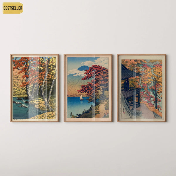 Kawase Hasui — Statement Trio | Lake Chuzenji & Furukoda Falls | Autumn Woodblock Art Print (Shin Hanga)