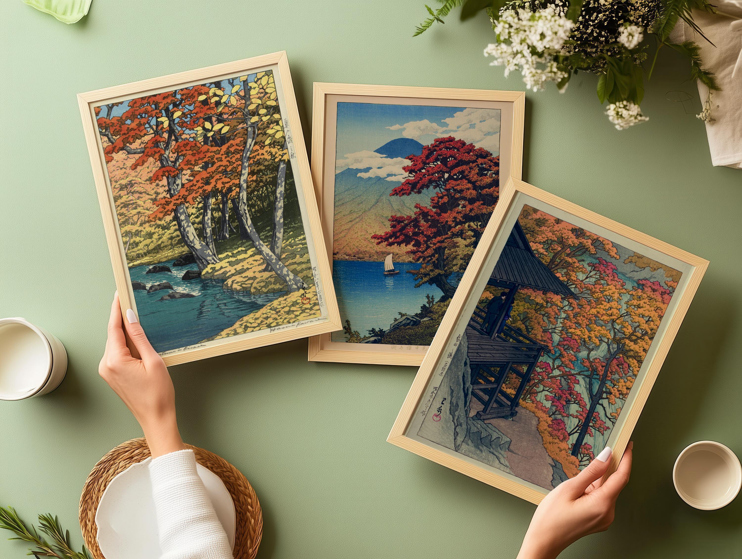 Kawase Hasui Japanese Autumn Landscape Print Set: Lake Chuzenji & Furukoda Falls - 9ArtPrints