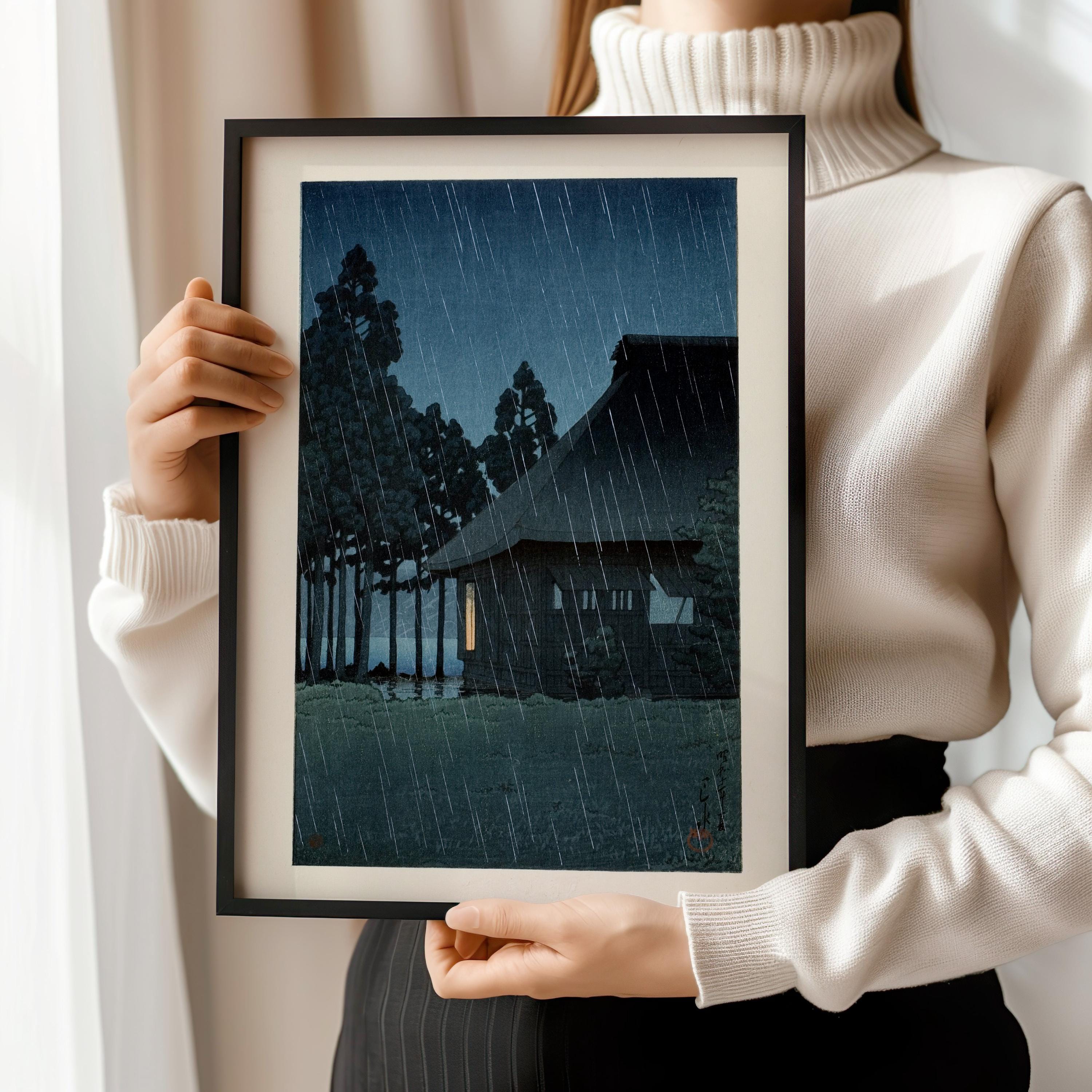 Kawase Hasui Japanese Woodblock Print: Lakeside Tearoom, Night Rain - 9ArtPrints