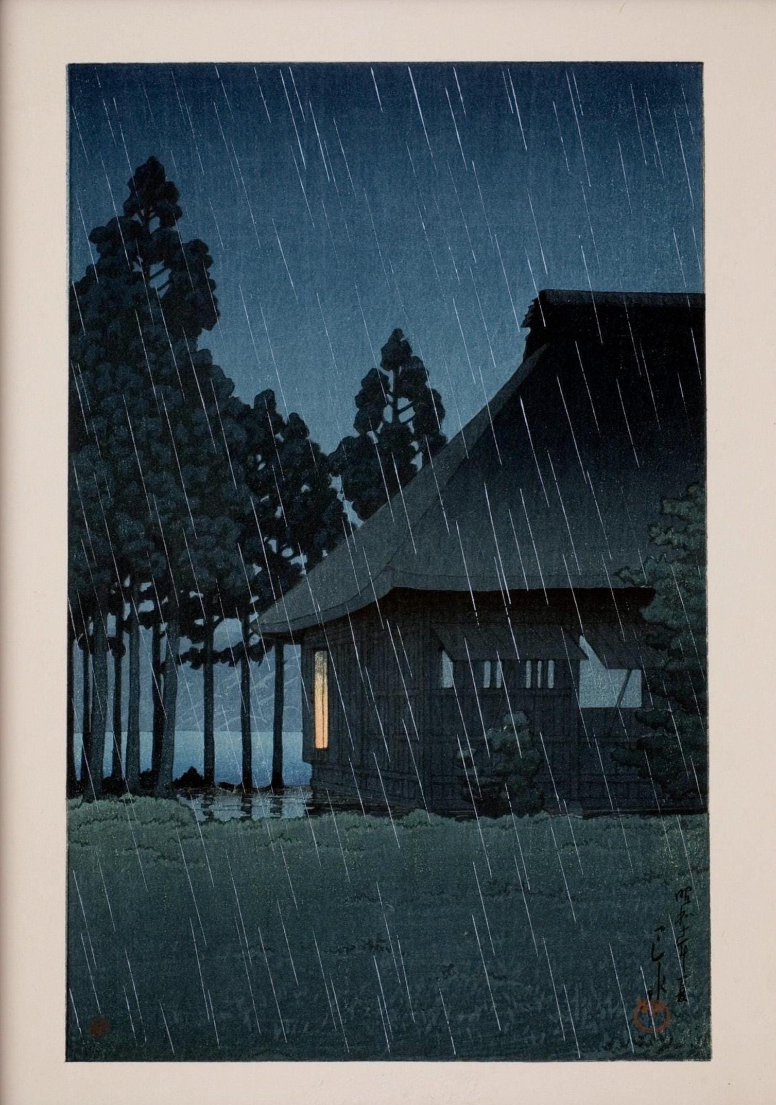 Kawase Hasui Japanese Woodblock Print: Lakeside Tearoom, Night Rain - 9ArtPrints