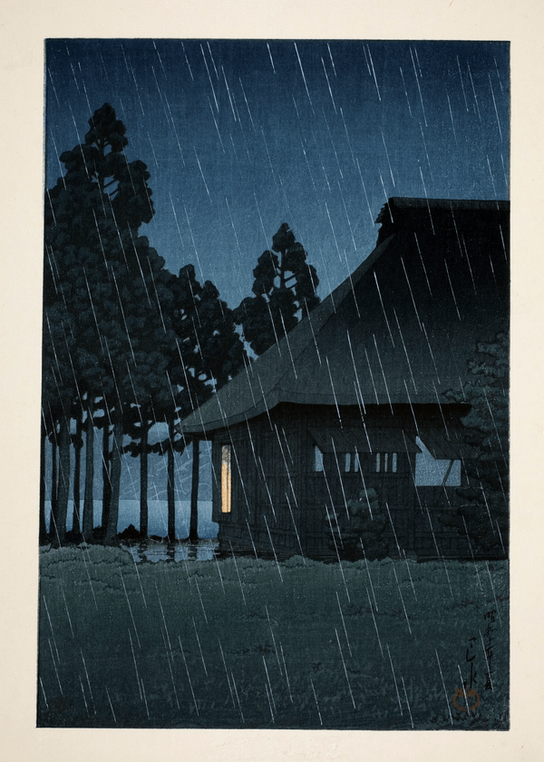 Kawase Hasui — Japanese Woodblock Print: Lakeside Tearoom, Night Rain | Japanese Woodblock Print (Shin Hanga)