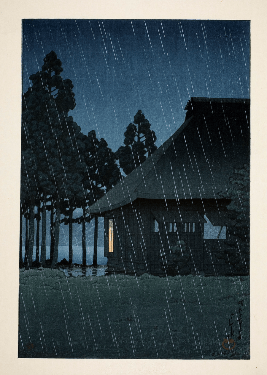 Kawase Hasui — Japanese Woodblock Print: Lakeside Tearoom, Night Rain | Japanese Woodblock Print (Shin Hanga) shown to scale on a wall above a sofa