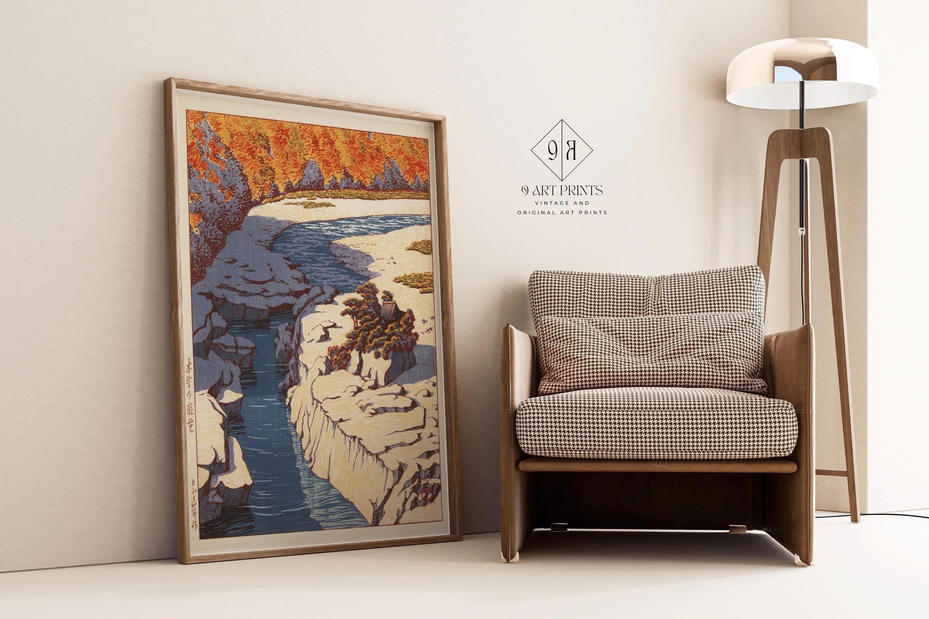 Kawase Hasui Japanese Woodcut Print: Kizo no Nezame Autumn River Landscape (Available Framed) - 9ArtPrints