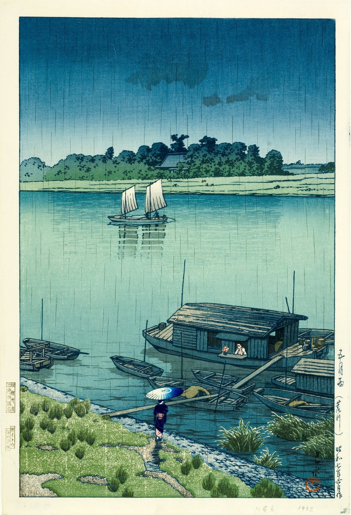 Kawase Hasui — May Rain on the Arakawa | Japanese Woodblock Print (Shin Hanga) - 9ArtPrints