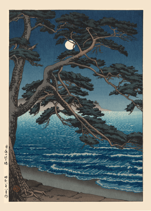 Kawase Hasui — Moon at Enoshima Beach Giclee Print: | Japanese Woodblock Print (Shin Hanga) - 9ArtPrints