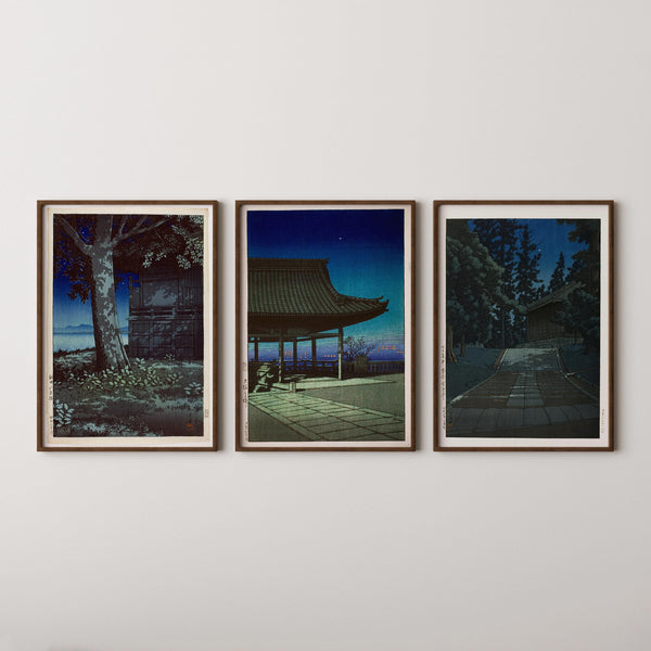 Kawase Hasui — Night Shin-Hanga Art Print Trio: Lake Hachirogata, Kozu, Chuson Temple | Japanese Woodblock Print (Shin Hanga)