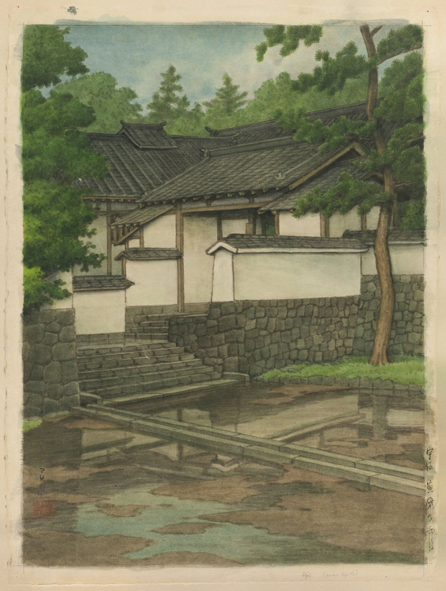 Kawase Hasui — Obakusan Temple in Uji | Japanese Woodblock Print (Shin Hanga) shown to scale on a wall above a sofa