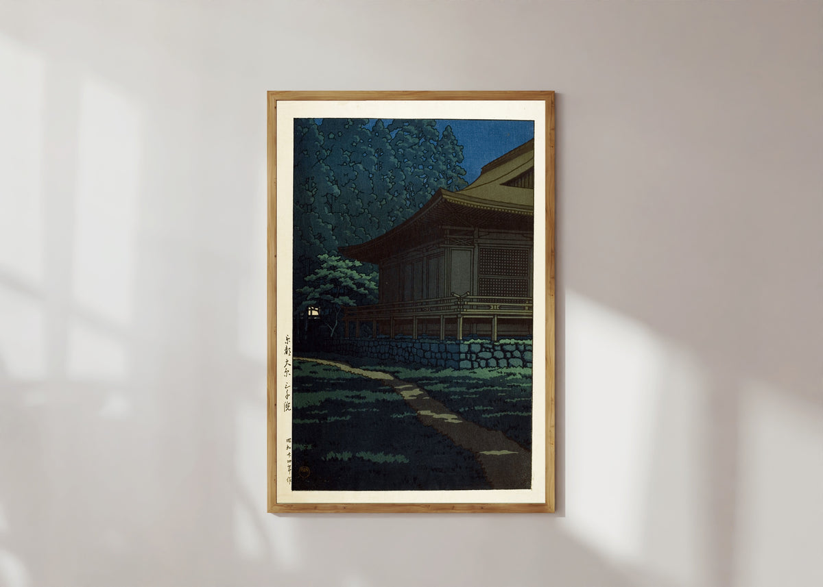 Framed art print of Sanzen-in Temple, Ohara, Kyoto by Kawase Hasui, in a light wood frame on a sunlit white wall