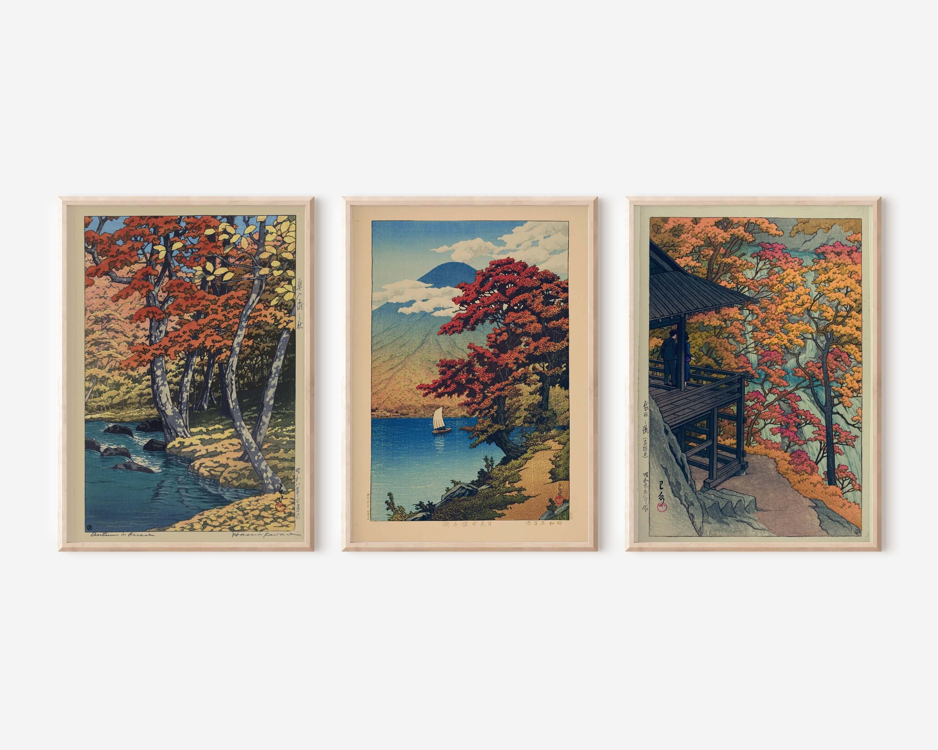 Kawase Hasui Set of 3 Shin - Hanga Art Prints Autumn in the Forest, Lake Chuzenji and Autumn at Furukoda Falls (available framed or unframed) - 9ArtPrints