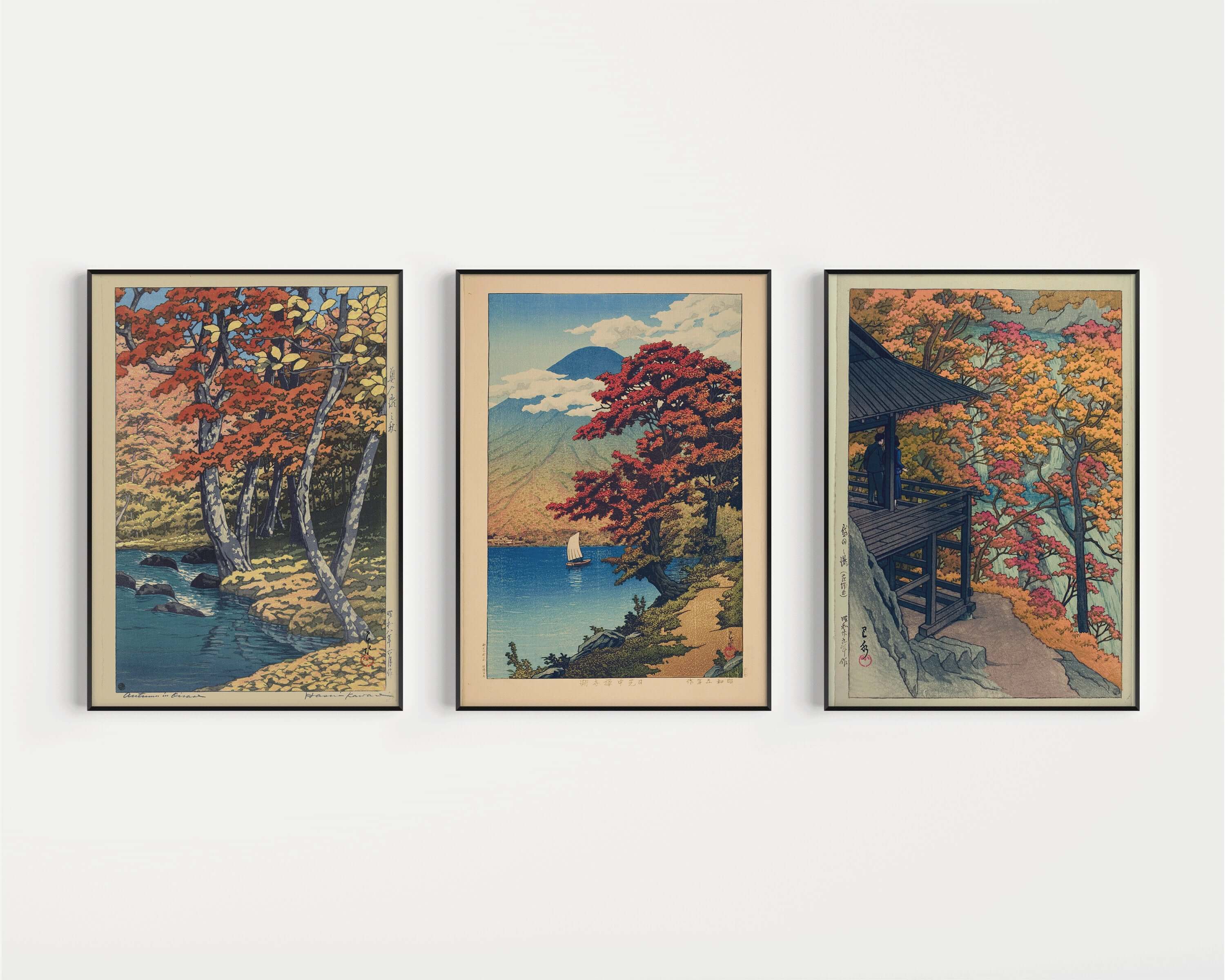 Kawase Hasui Set of 3 Shin - Hanga Art Prints Autumn in the Forest, Lake Chuzenji and Autumn at Furukoda Falls (available framed or unframed) - 9ArtPrints