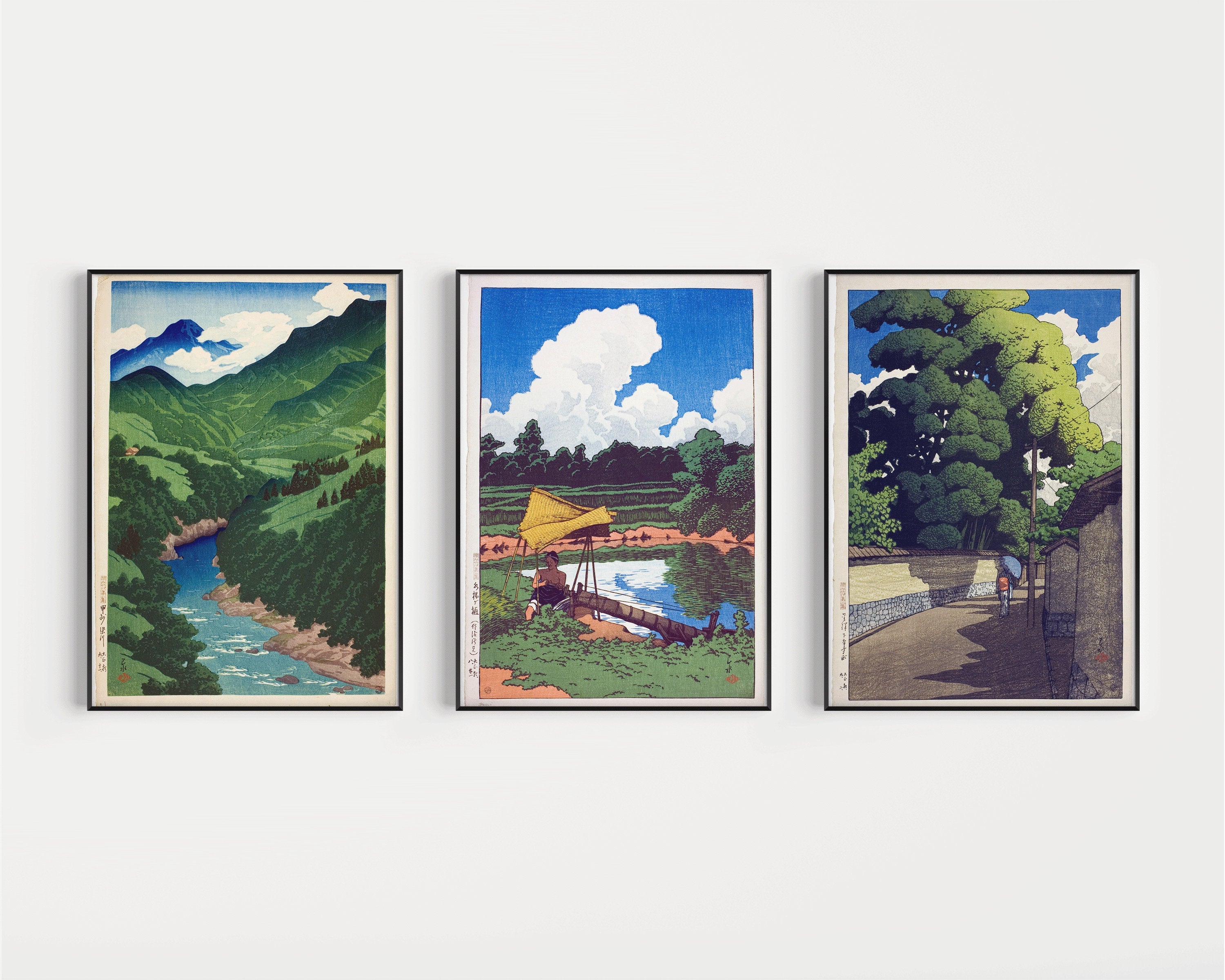 Kawase Hasui Set of 3 Summer Theme Art Prints Some River, Water Conduit in Sado and Summer in Kanazawa (available framed or unframed) - 9ArtPrints