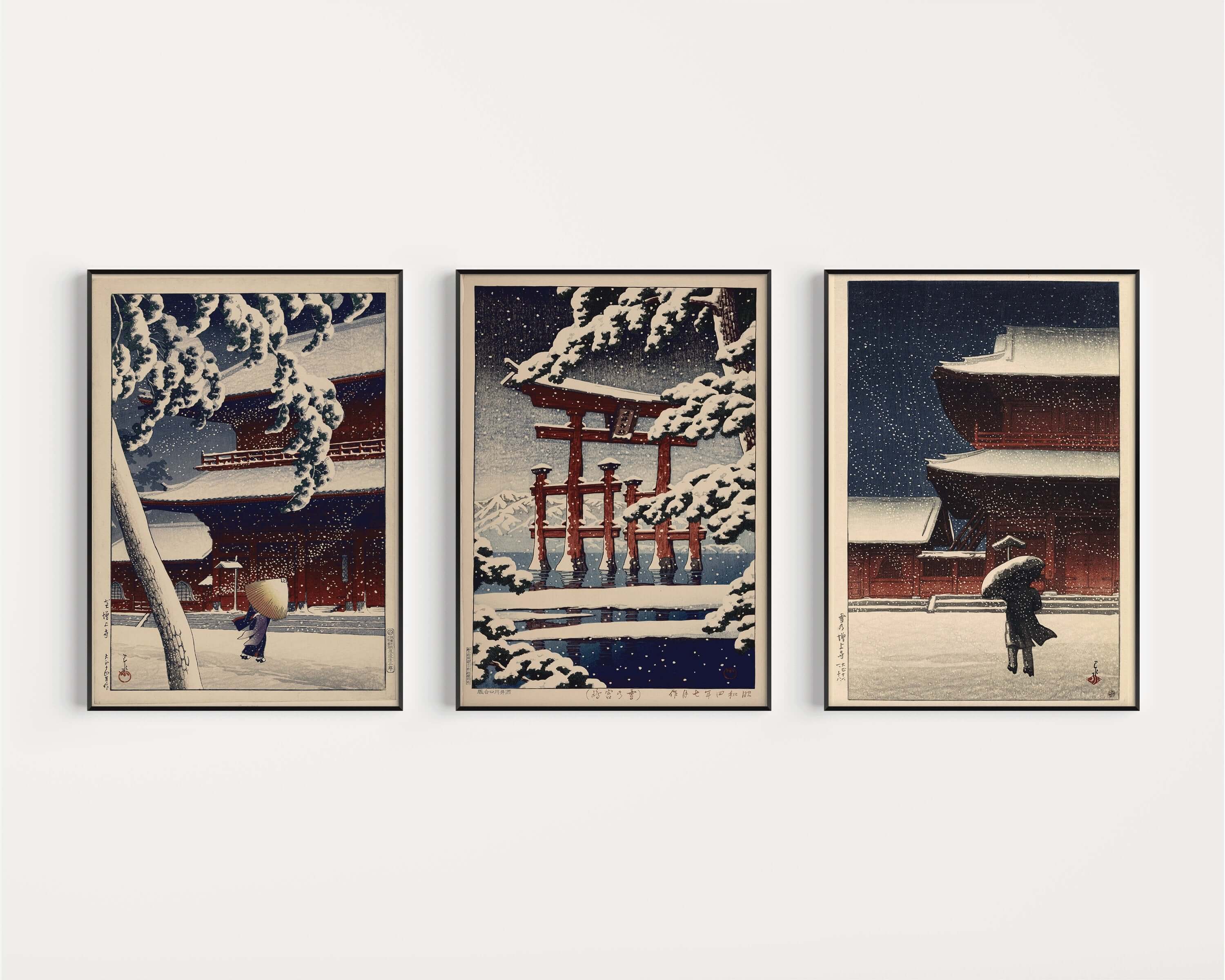 Kawase Hasui - Set of 3 Winter Theme Art Prints Zojozi Temple and Miyajima | Classic Japanese Shin Hanga Art (available framed or unframed) - 9ArtPrints