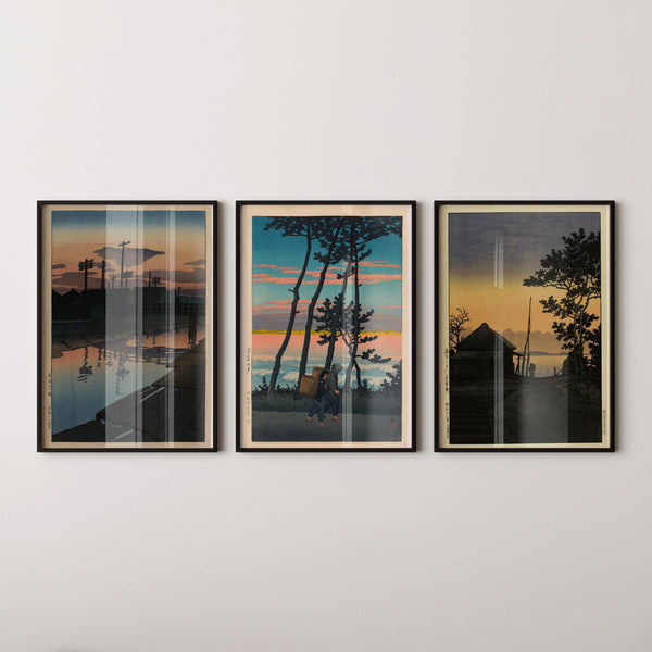 Kawase Hasui — Statement Trio | Dusk Theme | Japanese Woodblock Art Print (Shin Hanga)
