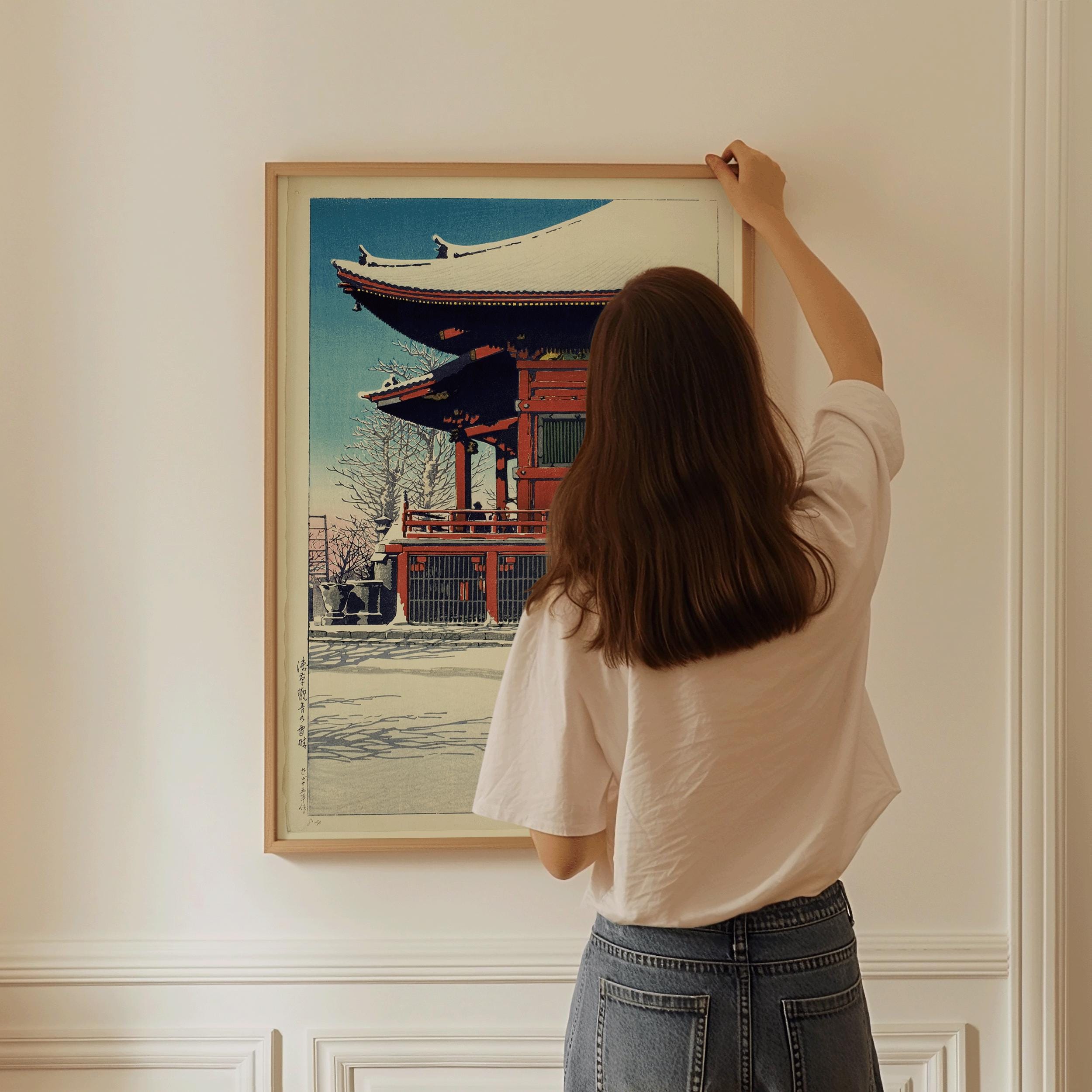 Kawase Hasui - Snow at Asakusa Temple: Vintage Japanese Woodblock Print - 9ArtPrints