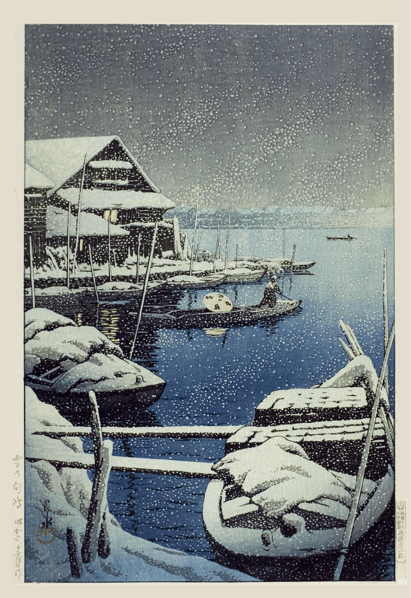 Kawase Hasui — Snow at Mukojima: Vintage Japanese Ukiyo - e | Japanese Woodblock Print (Shin Hanga) - 9ArtPrints