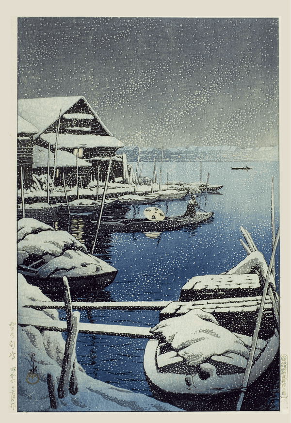 Kawase Hasui — Snow at Mukojima: Vintage Japanese Ukiyo-e | Japanese Woodblock Print (Shin Hanga)
