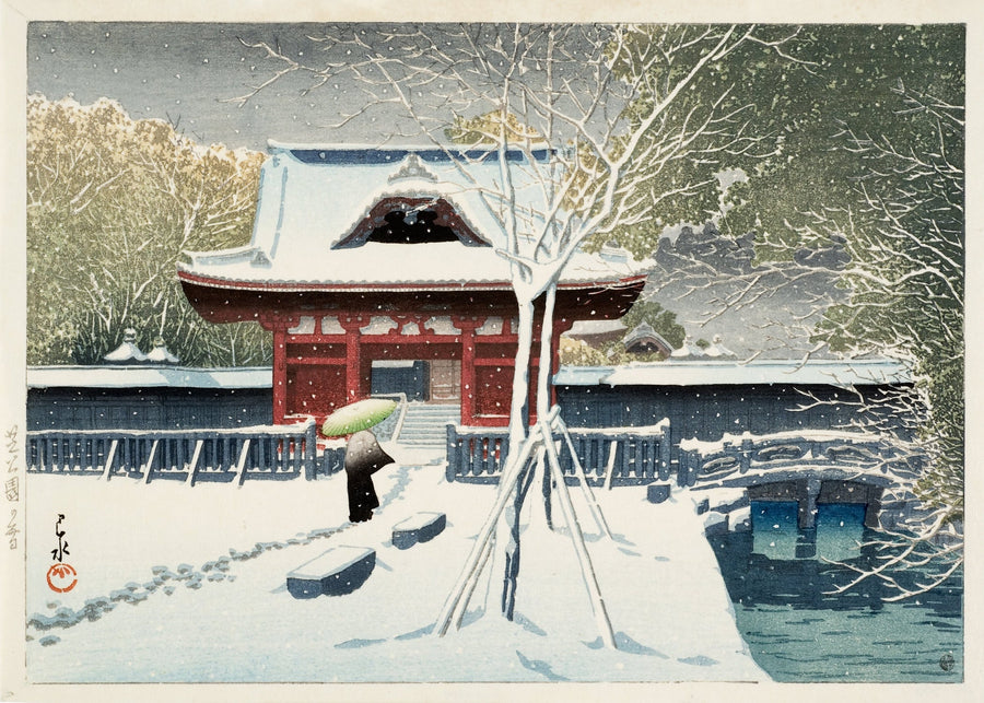 Kawase Hasui — Snow at Shiba Park: Japanese Woodblock | Japanese Woodblock Print (Shin Hanga) shown to scale on a wall above a sofa