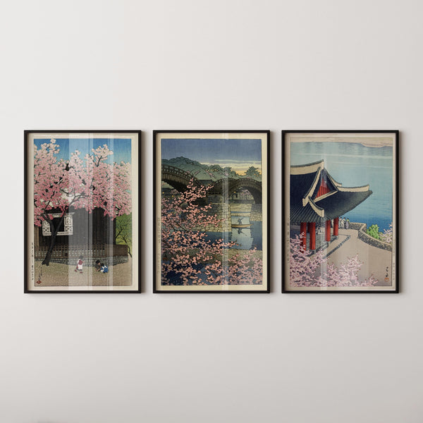Kawase Hasui — Statement Trio | Kintai Bridge & Mount Atago | Spring Woodblock Art Print (Shin Hanga)