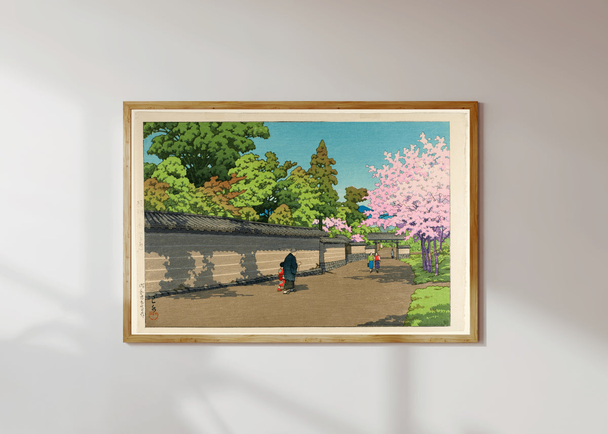 Framed art print of Spring at Daigo, Kyoto by Kawase Hasui, in a light wood frame on a sunlit white wall