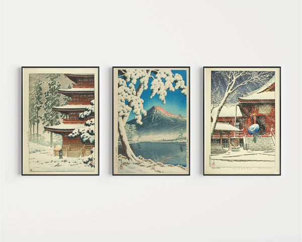 Kawase Hasui — Statement Trio | Snow Theme | Japanese Woodblock Art Print (Shin Hanga)