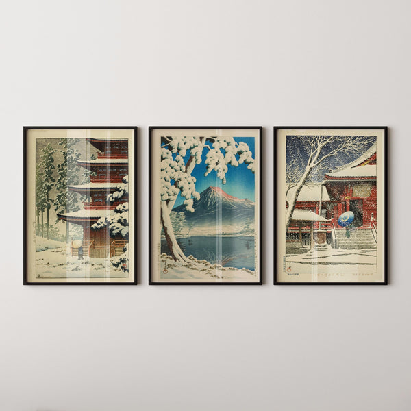 Kawase Hasui — Statement Trio | Snow Theme | Japanese Woodblock Art Print (Shin Hanga)