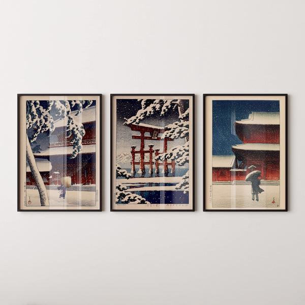 Kawase Hasui — Statement Trio | Zojoji Temple & Miyajima | Winter Japanese Woodblock Art Print (Shin Hanga)