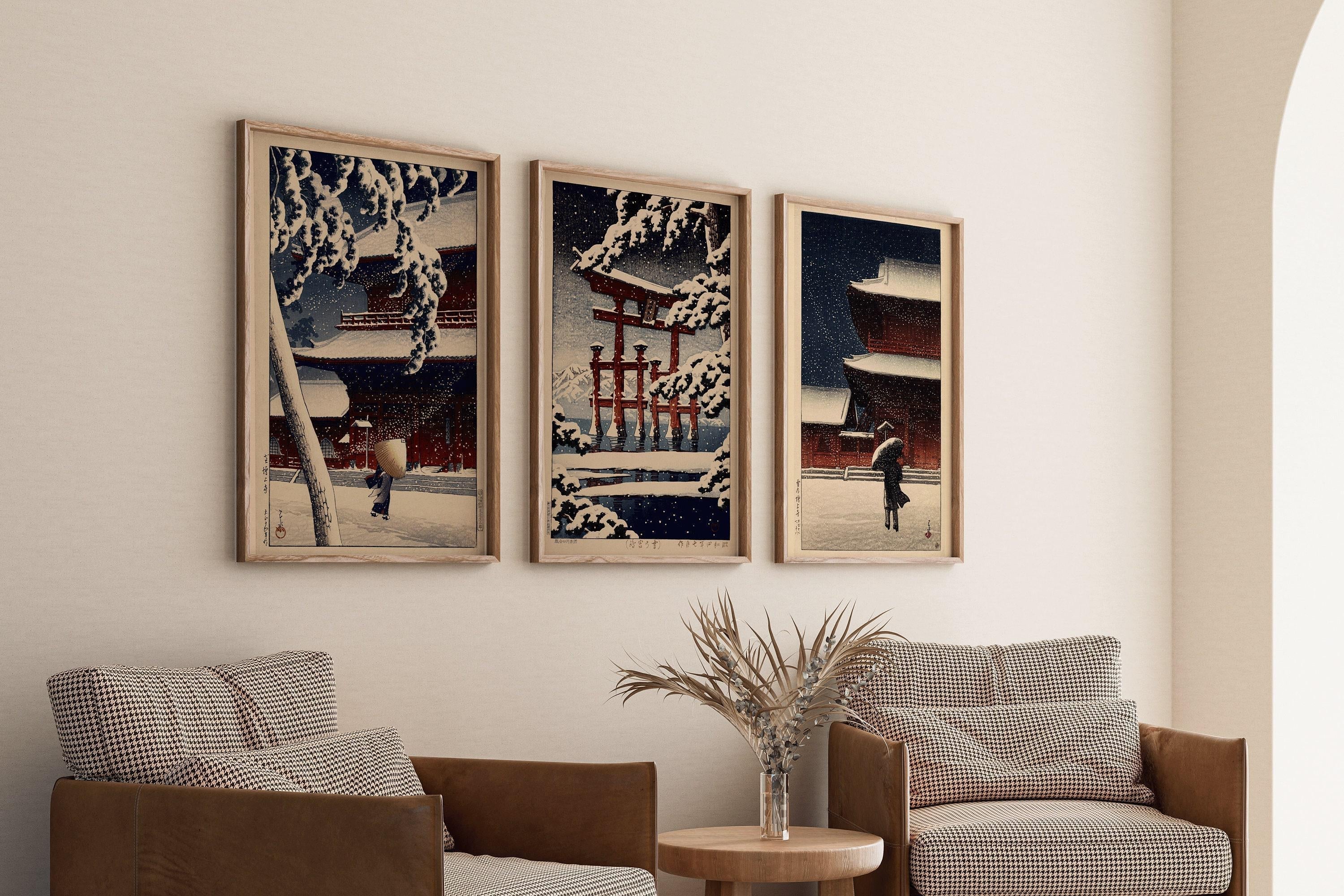 Kawase Hasui Winter Japanese Art Print Trio: Zojozi Temple & Miyajima - 9ArtPrints