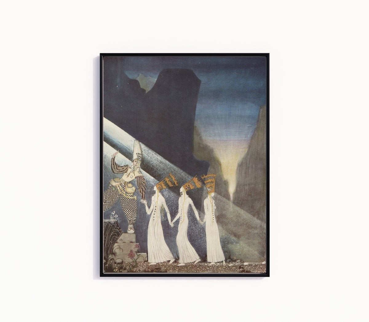 Framed art print of East of the Sun and West of the Moon: The Captain and the Lieutenant Pulled Up… by Kay Nielsen, in a slim black frame on a plain white wall