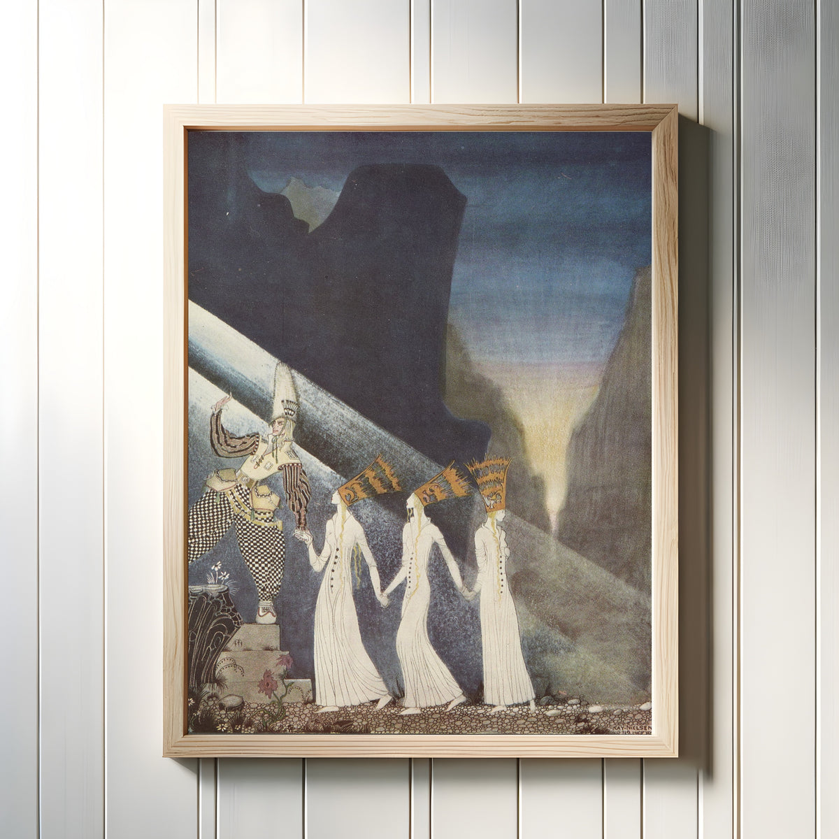Framed art print of East of the Sun and West of the Moon: The Captain and the Lieutenant Pulled… by Kay Nielsen, in a light wood frame on a white panelled wall
