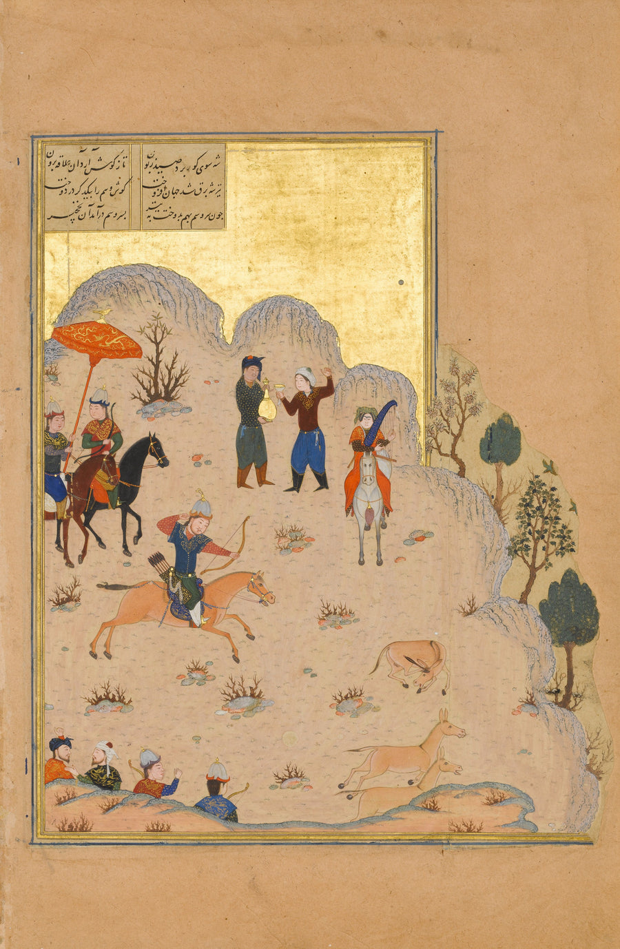 Khamsa of Nizami: Bahram Gur's Skill with the Bow | Persian Miniature Art Print shown to scale on a wall above a sofa