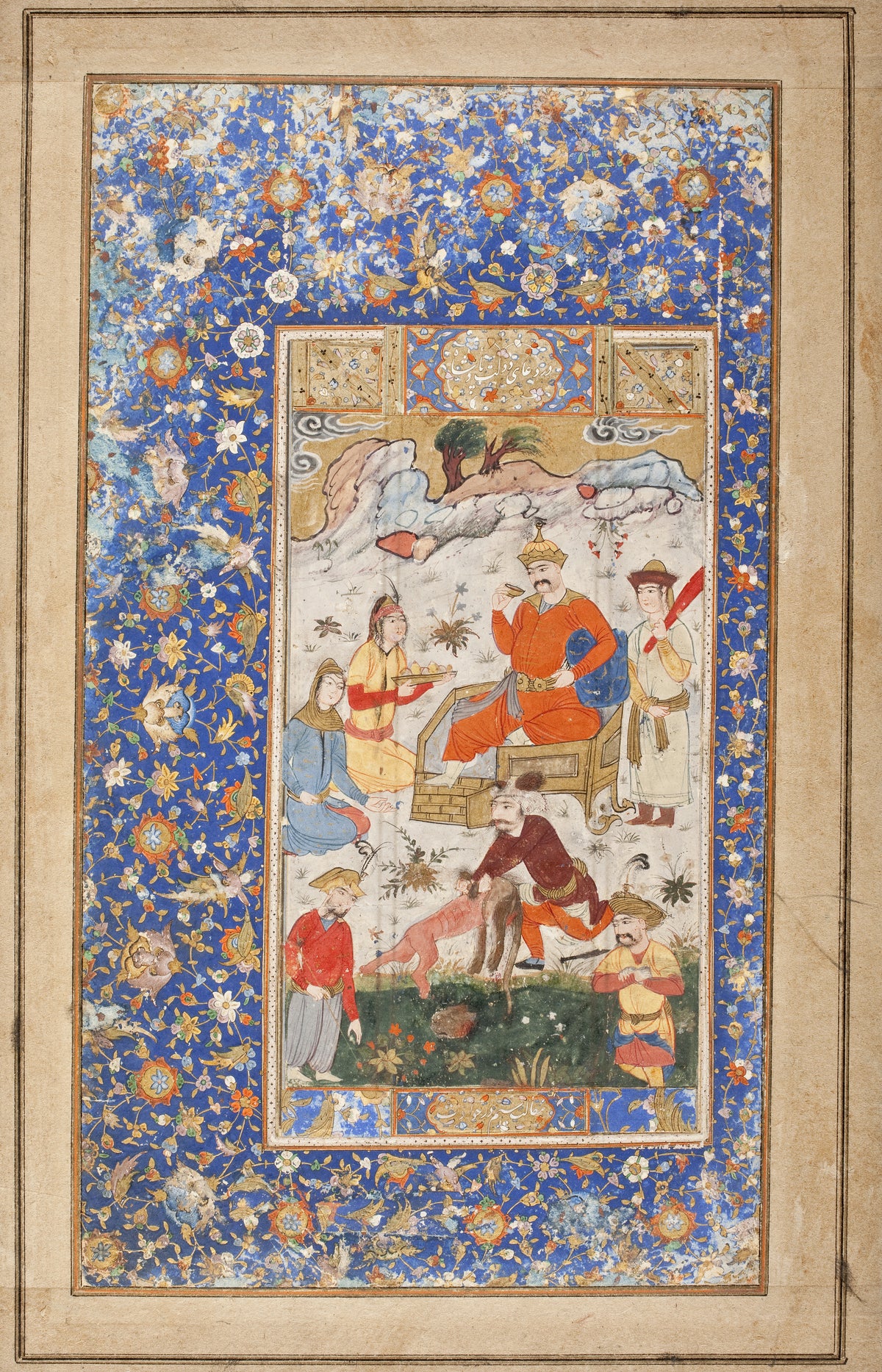 Khamsa of Nizami: Khusraw Celebrating after Killing the Dragon — An enthroned king raises a cup inside a lapis border of flowers
