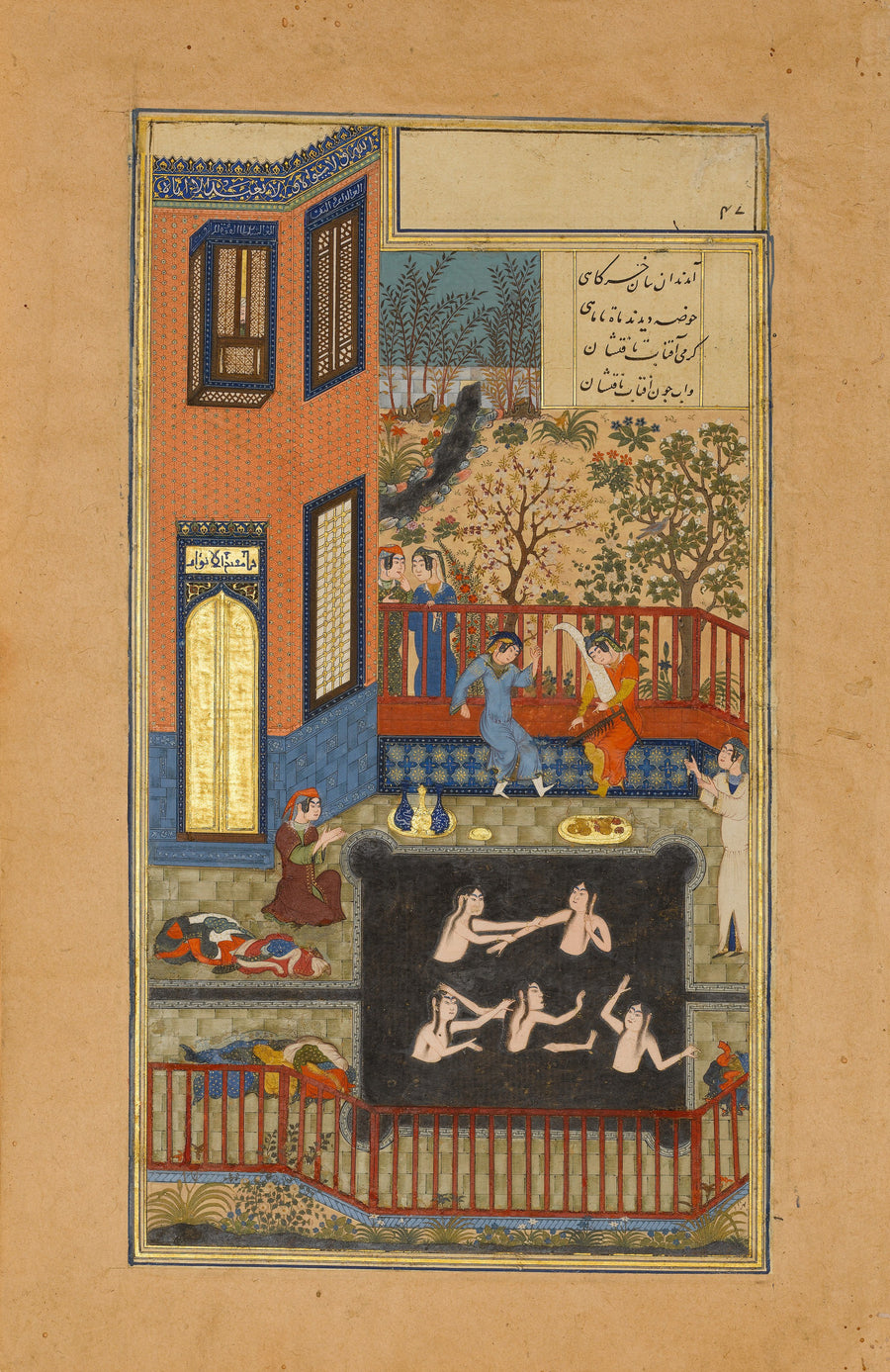 Khamsa of Nizami: The Eavesdropper | Persian Miniature Art Print shown to scale on a wall above a sofa