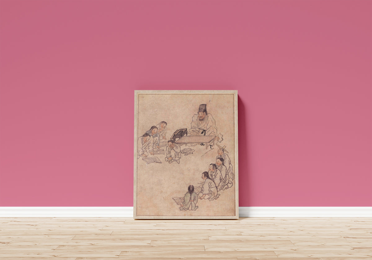 Framed art print of Danwon Genre Painting Album: Village School by Kim Hong-do (Danwon), in a light wood frame leaning on a pink wall above a wooden floor