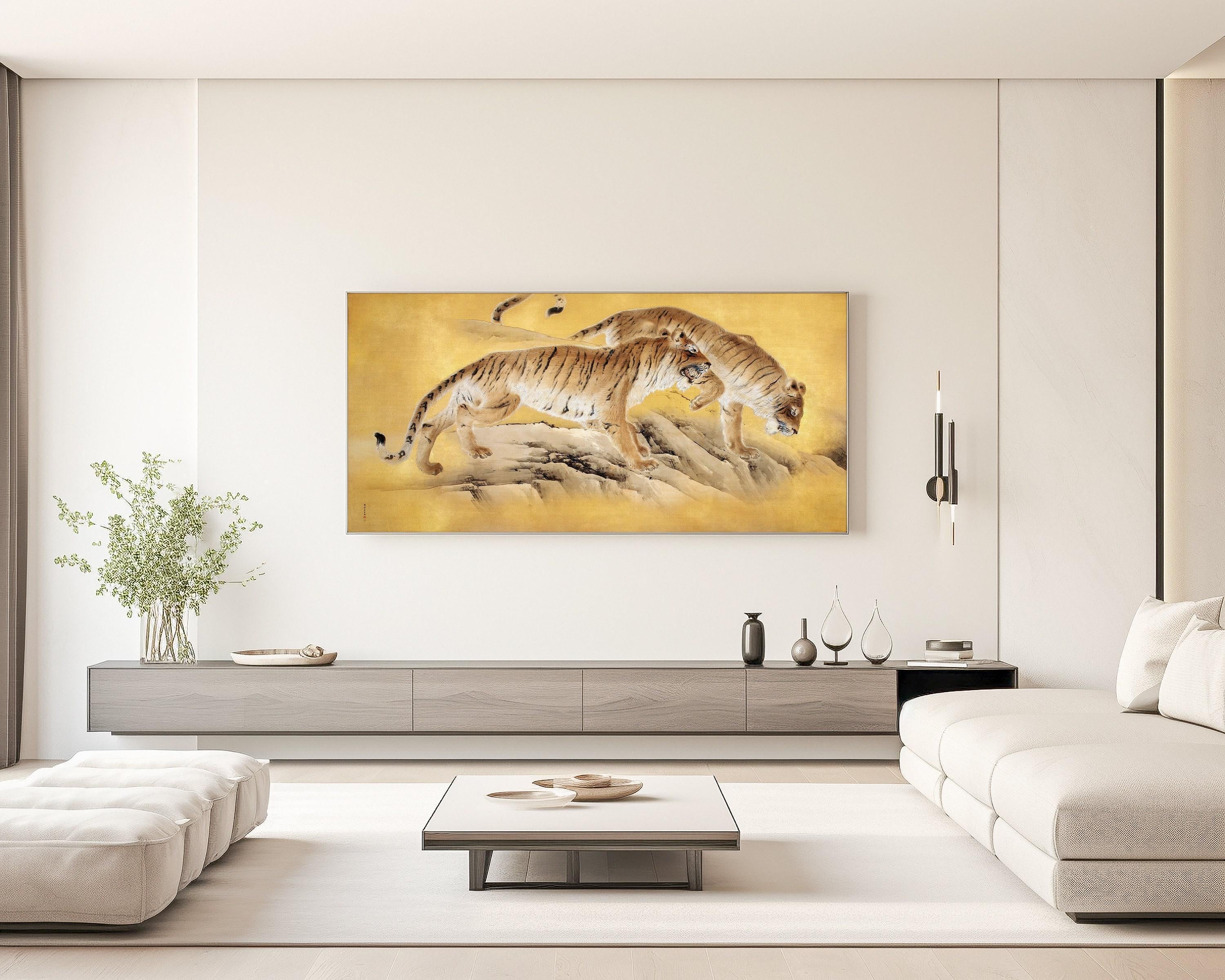 Kishi Chikudo - Tigers by Mountain Stream | PREMIUM GICLÉE PRINT | Vintage Asian Japanese Wide Panoramic Art in Gold (available framed) 2x1 - 9ArtPrints