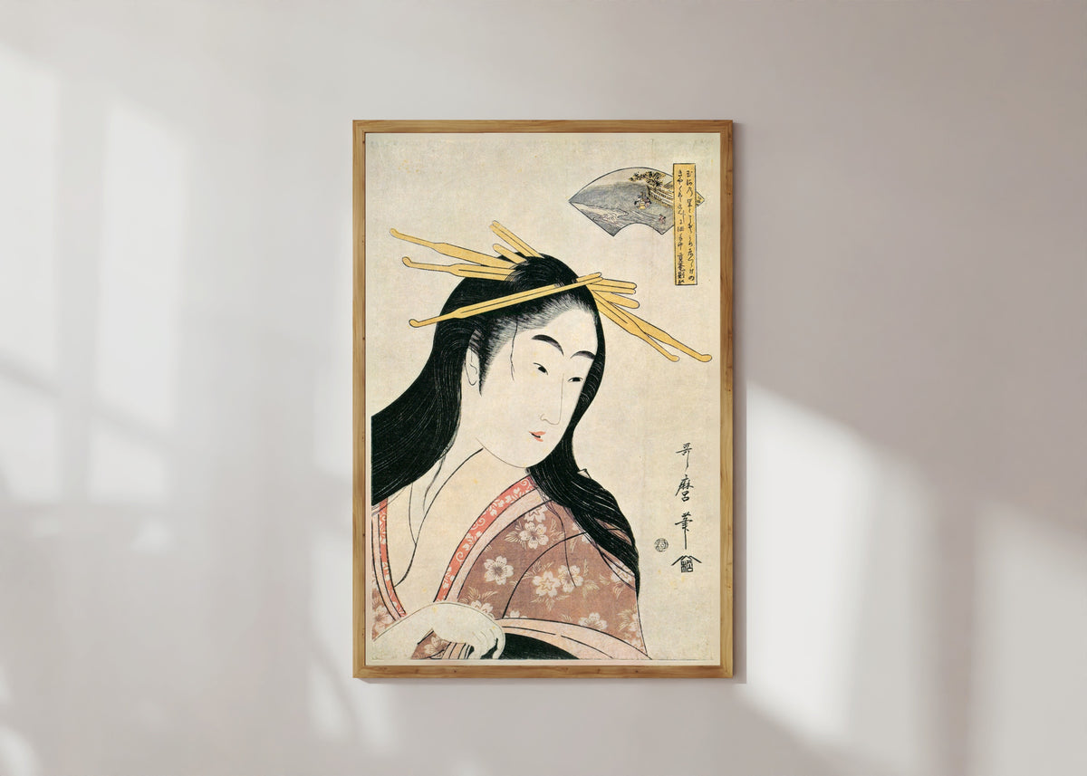 Framed art print of Chofu Jewel River, from Six Jewel Rivers by Kitagawa Utamaro, in a light wood frame on a sunlit white wall
