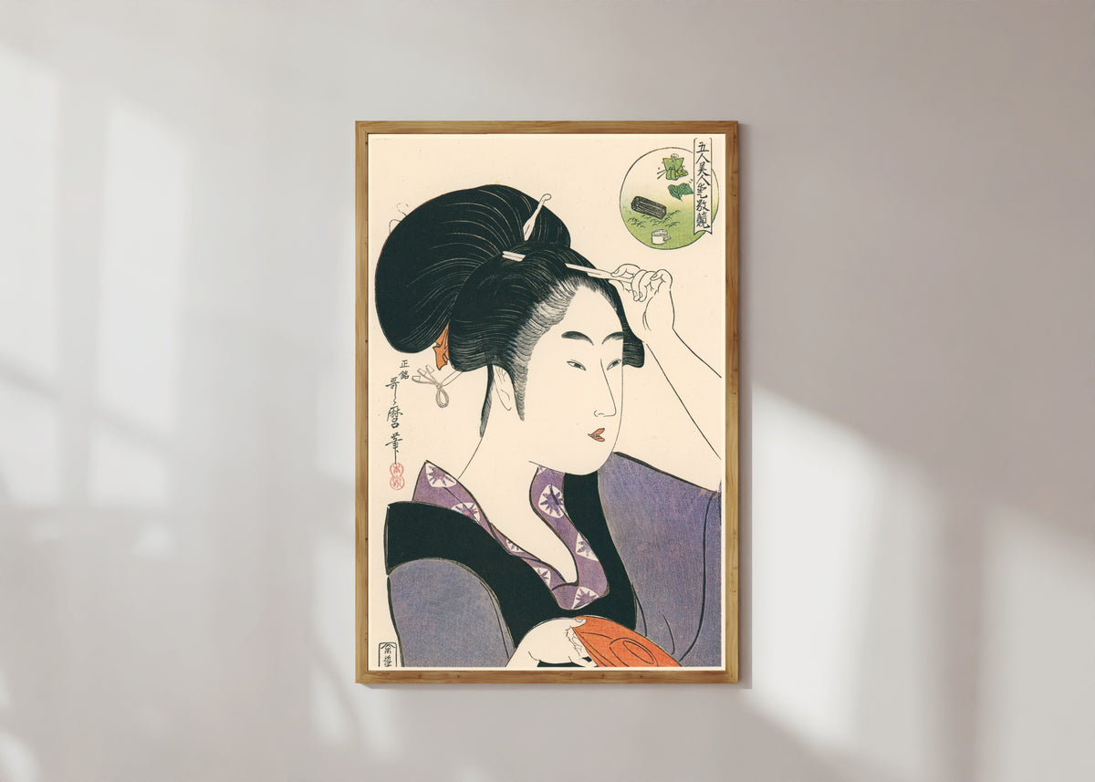 Framed art print of Five Beauties in a Contest of Attractiveness by Kitagawa Utamaro, in a light wood frame on a sunlit white wall