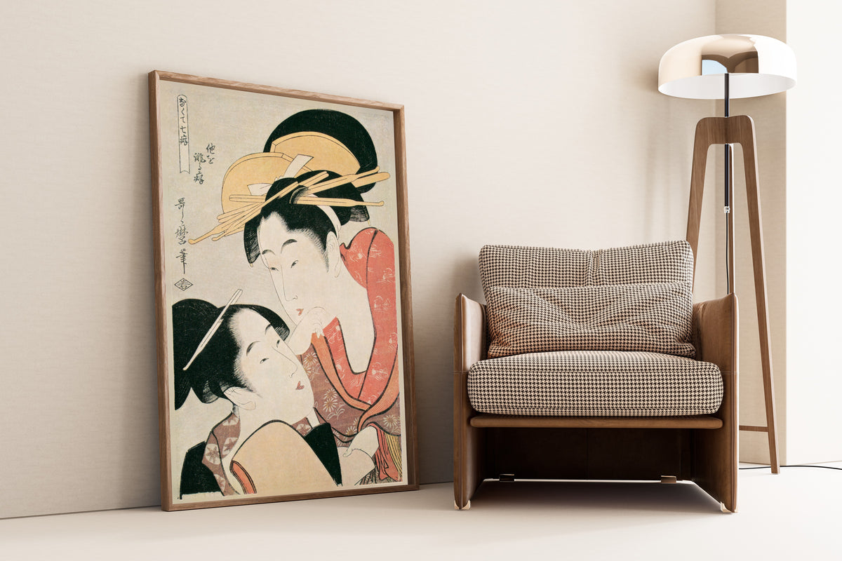 Habit of Slandering Others, from Seven Bad Habits by Kitagawa Utamaro — shown framed on a wall