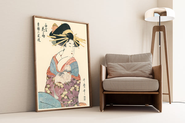 Kitagawa Utamaro — Hanaogi of the Ogiya (With Cat) | Japanese Woodblock Print (Ukiyo-e)
