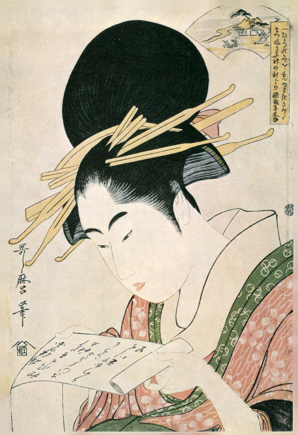 Kinuta Jewel River, from Six Jewel Rivers by Kitagawa Utamaro — A woman reads an unrolled letter beneath towering hairpins