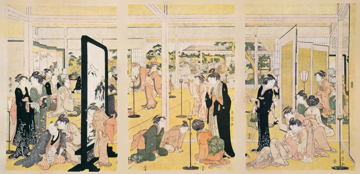 Kyoden Invited to a Daimyo Mansion Party by Kitagawa Utamaro — Kimono-clad guests gather in a daimyo's mansion interior