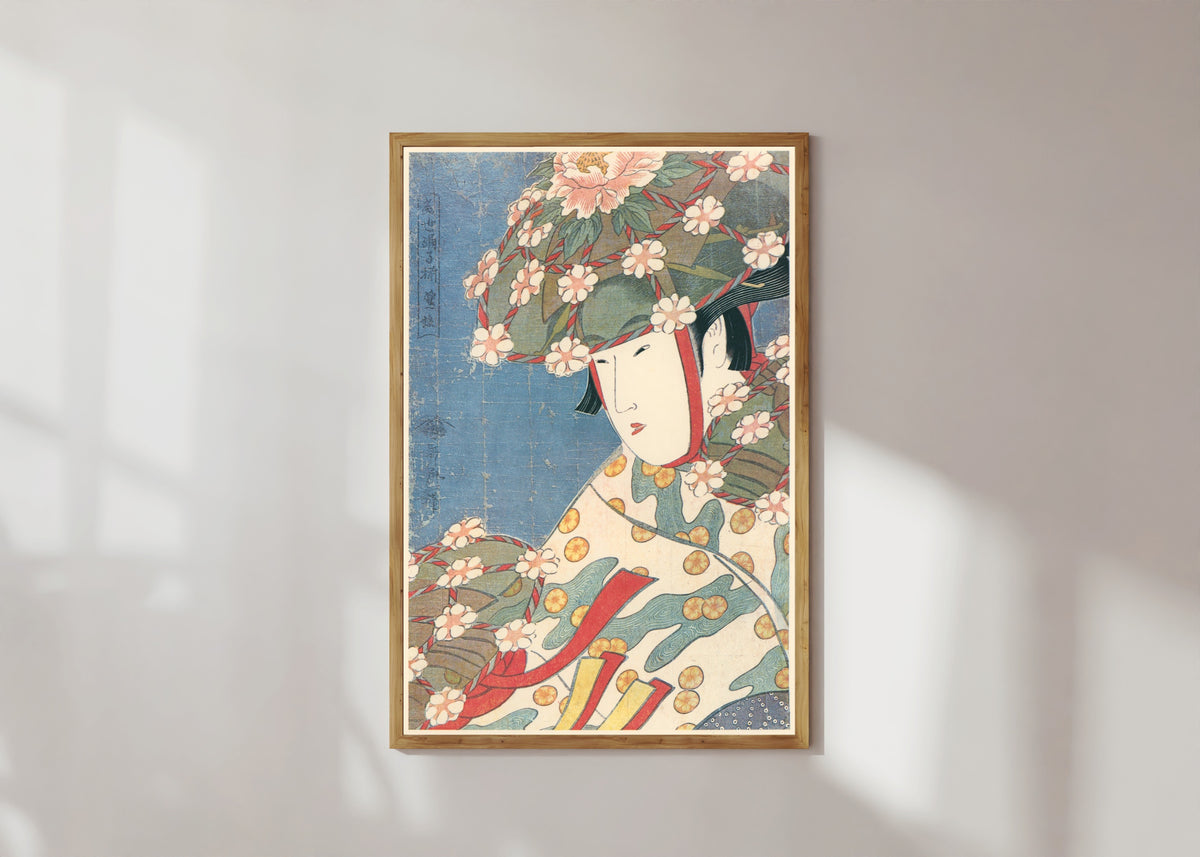 Framed art print of Modern Dancers – Heron Girl by Kitagawa Utamaro, in a light wood frame on a sunlit white wall