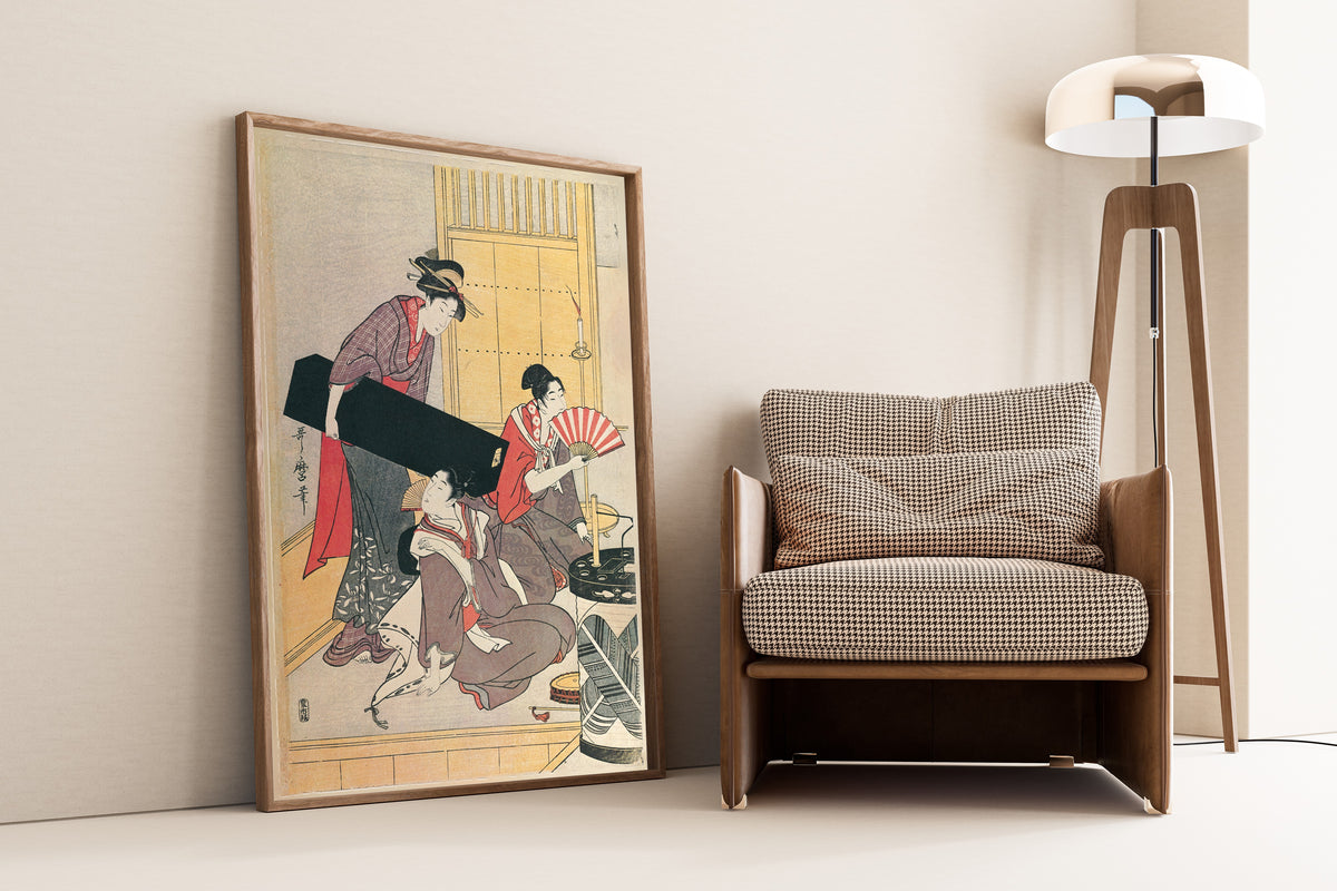 Niwaka Festival Performers at a Teahouse (left sheet) by Kitagawa Utamaro — shown framed on a wall