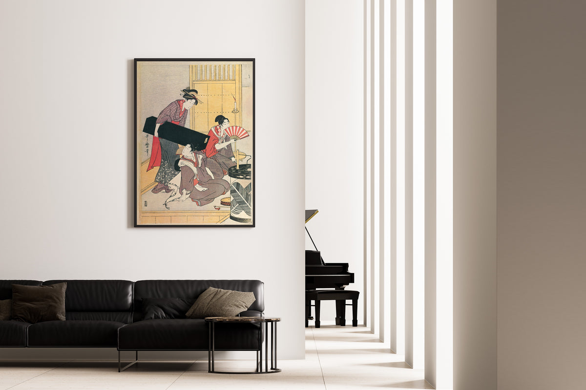 Niwaka Festival Performers at a Teahouse (left sheet) by Kitagawa Utamaro — shown framed on a wall