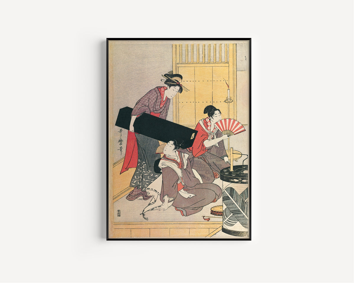 Niwaka Festival Performers at a Teahouse (left sheet) by Kitagawa Utamaro — shown framed on a wall